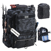 Goture fishing backpack front view showcases rugged exterior and ample organization for all-day angling.