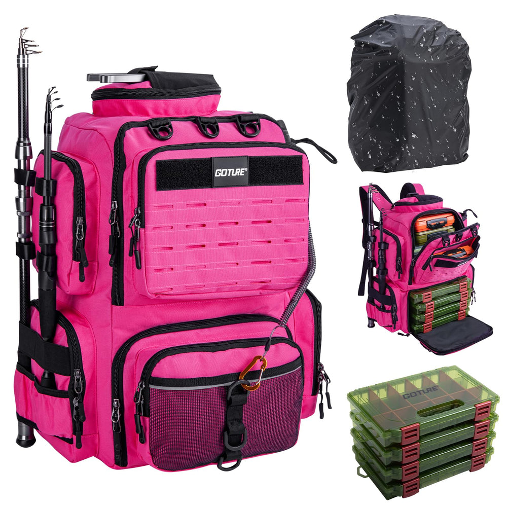 Goture fishing backpack main compartment view shows adjustable space for gear.