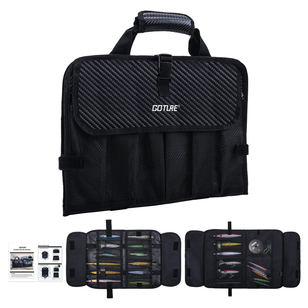 Goture Jig Bag water-resistant exterior protects tackle on boat trips.