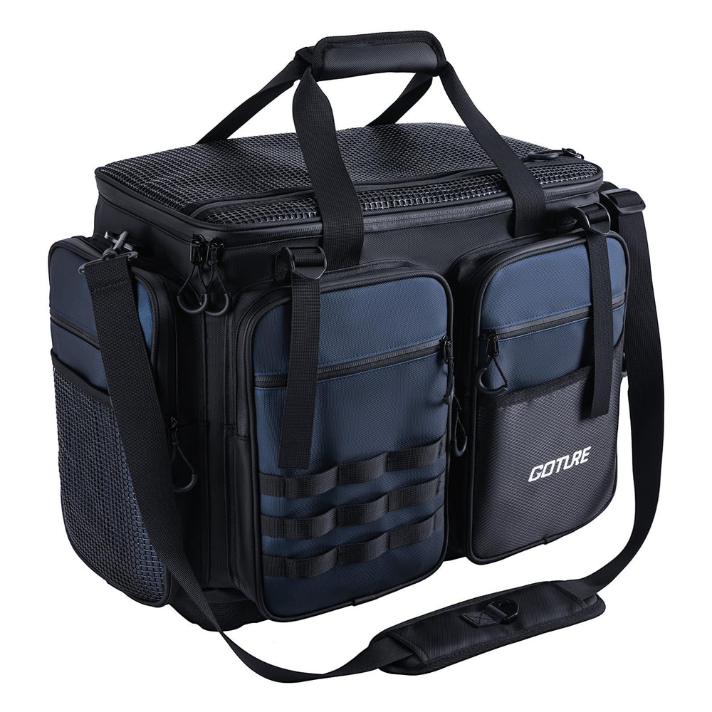 Goture large tackle bag front view shows rugged 1800D fabric for durability.