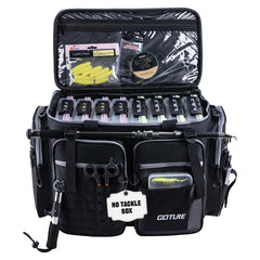 Goture large tackle bag front view highlights rugged 1680D fabric for saltwater durability.
