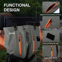 Goture zip-front waders enable quick on/off and adjustable ventilation.