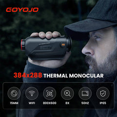 GOYOJO thermal monocular display view demonstrates real-time sharing with phones for teamwork.