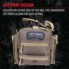 Front pocket with seven clear tubes on the olive GPS bag