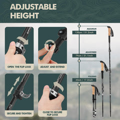 GPTCAMP trekking poles height-adjustable from 31 to 51 inches for diverse users.