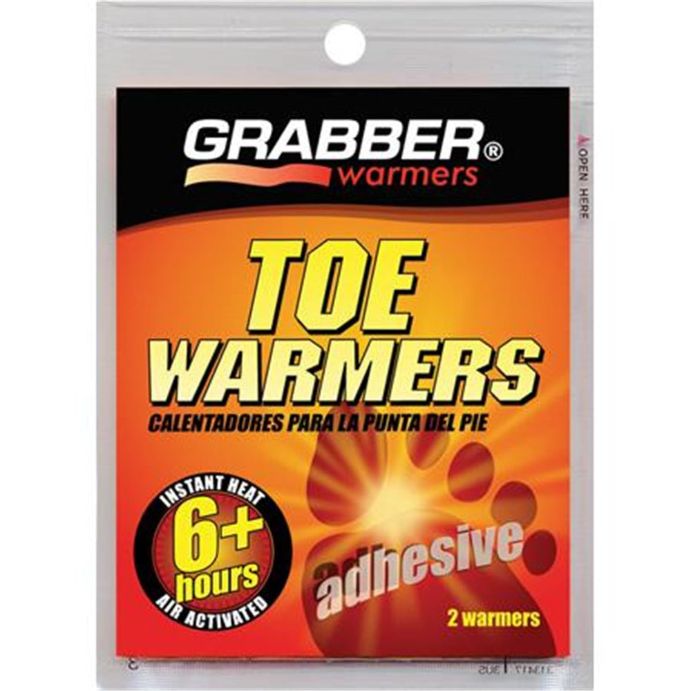 Grabber toe warmers 2 pack packaging demonstrates convenient warmth for cold days.