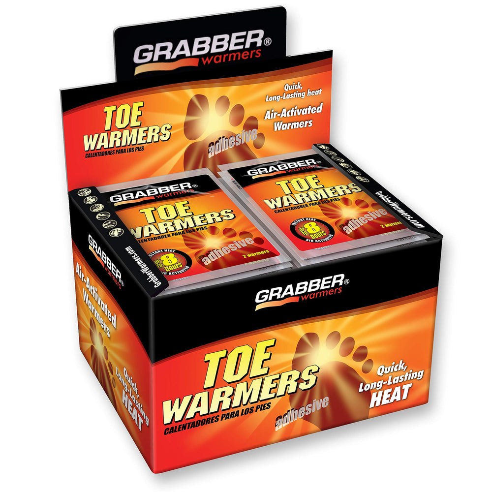 Grabber Toe Warmers with adhesive back shown for secure toe warmth in boots