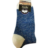 Grange Craft Connemara Merino socks in blue, side view, showing warmth and breathability.