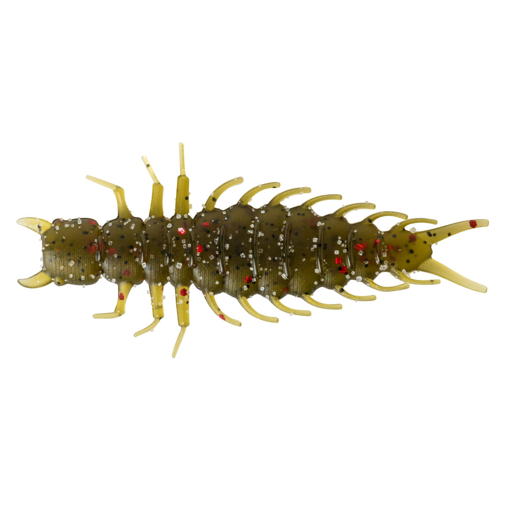 Great Lakes Finesse Juicy Hellgrammite green pumpkin red flake front pack image highlights color and texture