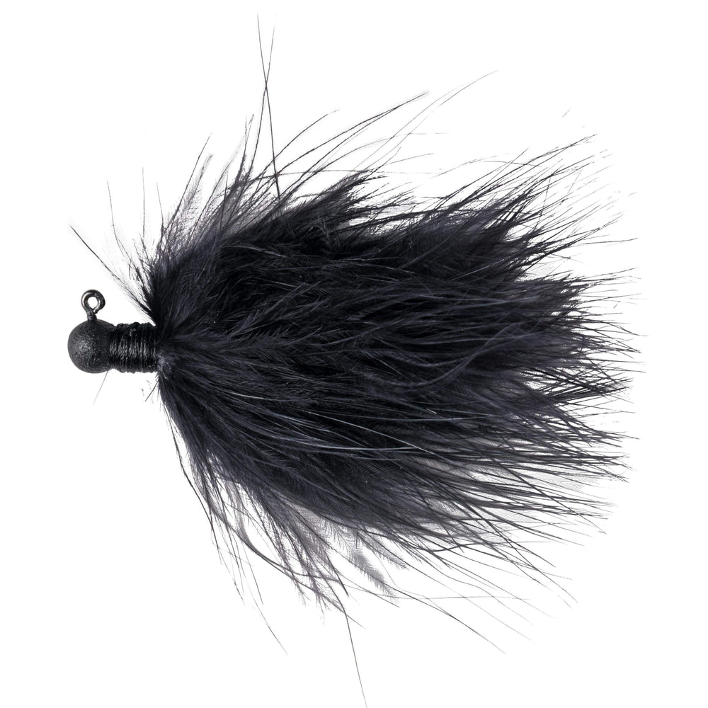 Great Lakes Finesse Marabou Jig Black 3/32 oz top view reveals lifelike marabou motion