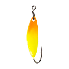 Great Lakes Finesse Taco Spoon in orange chartreuse glow silver attracts fish with pulsing action.