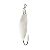 Great Lakes Finesse Taco Spoon Pearl Glow Silver shows bright visibility for ice fishing.