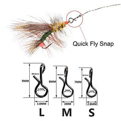 Close-up of stainless steel fly hook snap with black nickel finish