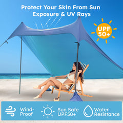 GREEN PARTY Beach Tent 7x7 blue sun shelter with rust-proof poles stays sturdy by the shore.