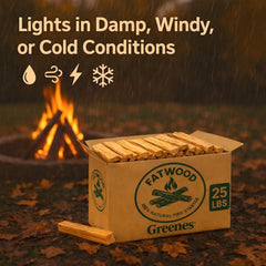 Greenes Fence Fatwood Fire Starter 25lb box ready to light.