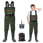 GREENWATER Kids chest waders front view show waterproof construction for young anglers.