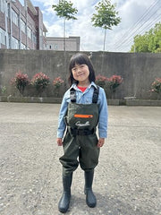 GREENWATER Kids chest waders side view reveals adjustable straps for a secure fit.