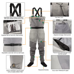 GREENWATER waders zippered chest pocket shows secure storage while fishing