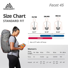 Gregory Facet 45L women's pack with ventilated backpanel for breathable comfort