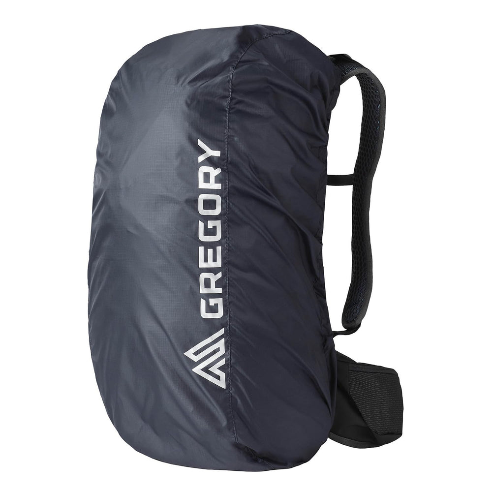 Gregory raincover on obsidian-black pack, weather-ready protection.
