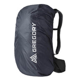 Gregory raincover on obsidian-black pack, weather-ready protection.