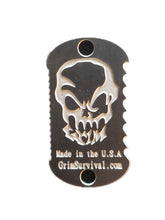 Grim Workshop double-sided saw dog tag close-up, ready for precise cuts in outdoor tasks.