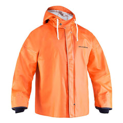 Grundéns Brigg 44 Parka orange front view highlights rugged waterproof shell for wet conditions.