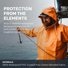 Grundéns Brigg 44 Parka orange sleeve close-up highlights recessed neoprene cuffs.