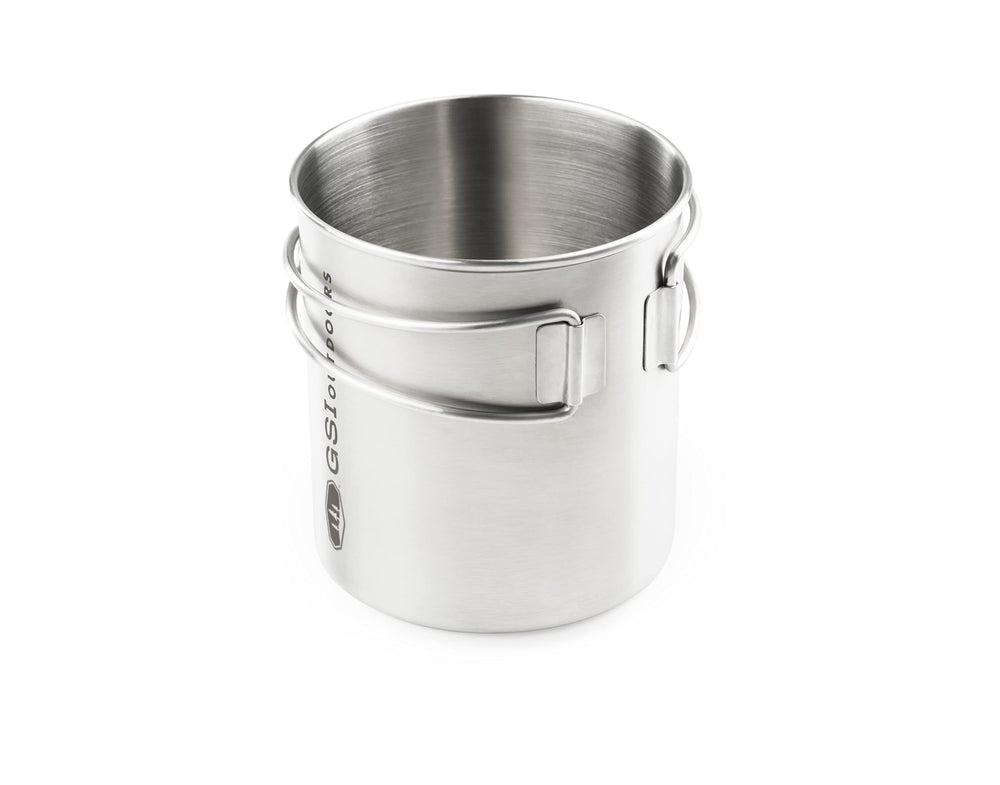 GSI Outdoors Glacier Stainless Cup with folding handle for compact travel and quick pours.