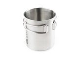 GSI Outdoors Glacier Stainless Cup with folding handle for compact travel and quick pours.