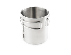 GSI Outdoors Glacier Stainless Cup with folding handle for compact travel and quick pours.