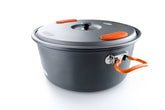 GSI Outdoors Halulite 4.7L pot with lid open shows durable hard-anodized construction for rugged camps.