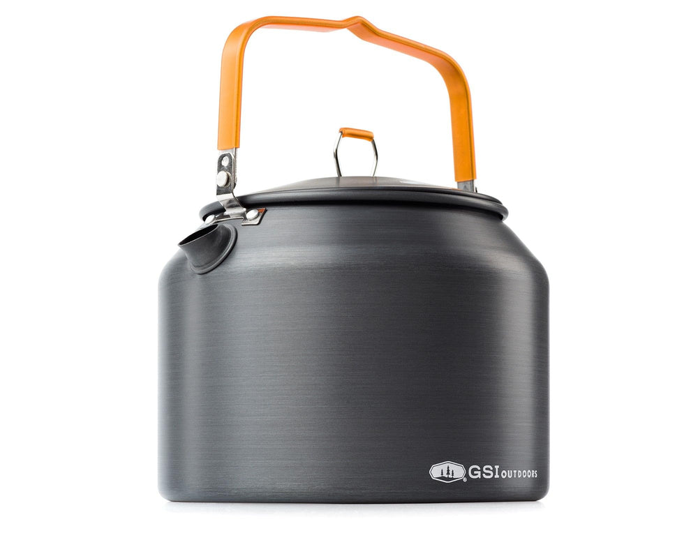 GSI Outdoors Halulite Tea Kettle with folding handle for spill-free pouring on trail.