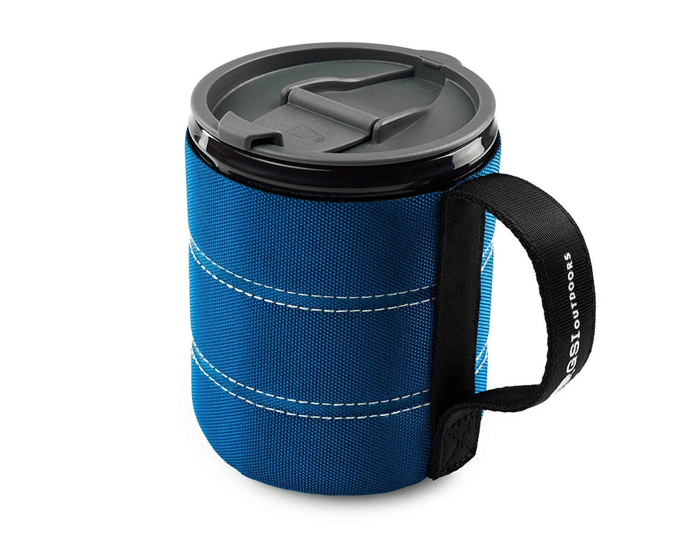 GSI Outdoors Insulated Infinity Backpacker Mug blue front view for outdoor coffee on the go.