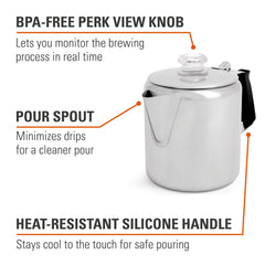 GSI Outdoors Percolator 3-cup capacity ideal for quiet solo mornings.