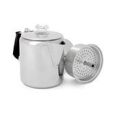 GSI Outdoors Percolator front view in glacier stainless for rugged camp coffee.