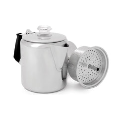 GSI Outdoors Percolator front view in glacier stainless for rugged camp coffee.