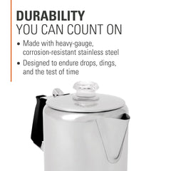 GSI Outdoors Percolator on a stove top demonstrates versatile outdoor brewing.
