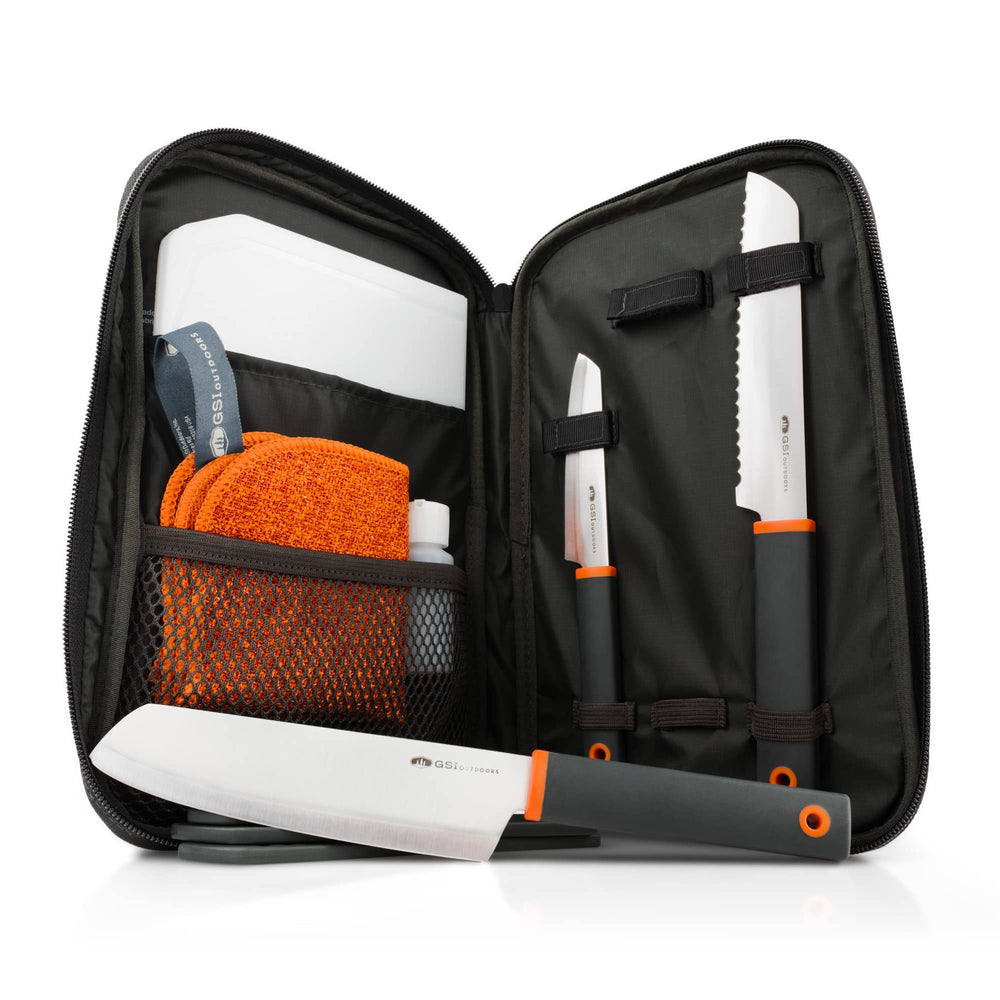 GSI Outdoors compact 6-piece Santoku knife set shown with protective sheaths for camping prep