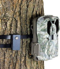 Guardian Trail Camera Lock with a 48-inch steel band securing a camera to a tree.