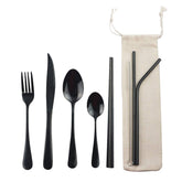 Gugrida black eight-piece flatware set in a compact travel case for meals on the go