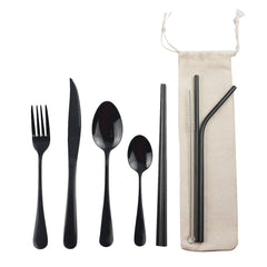 Gugrida black eight-piece flatware set in a compact travel case for meals on the go