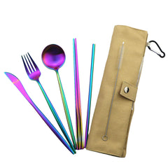 Close up of Gugrida flatware showing colorful 18/10 stainless steel finish.