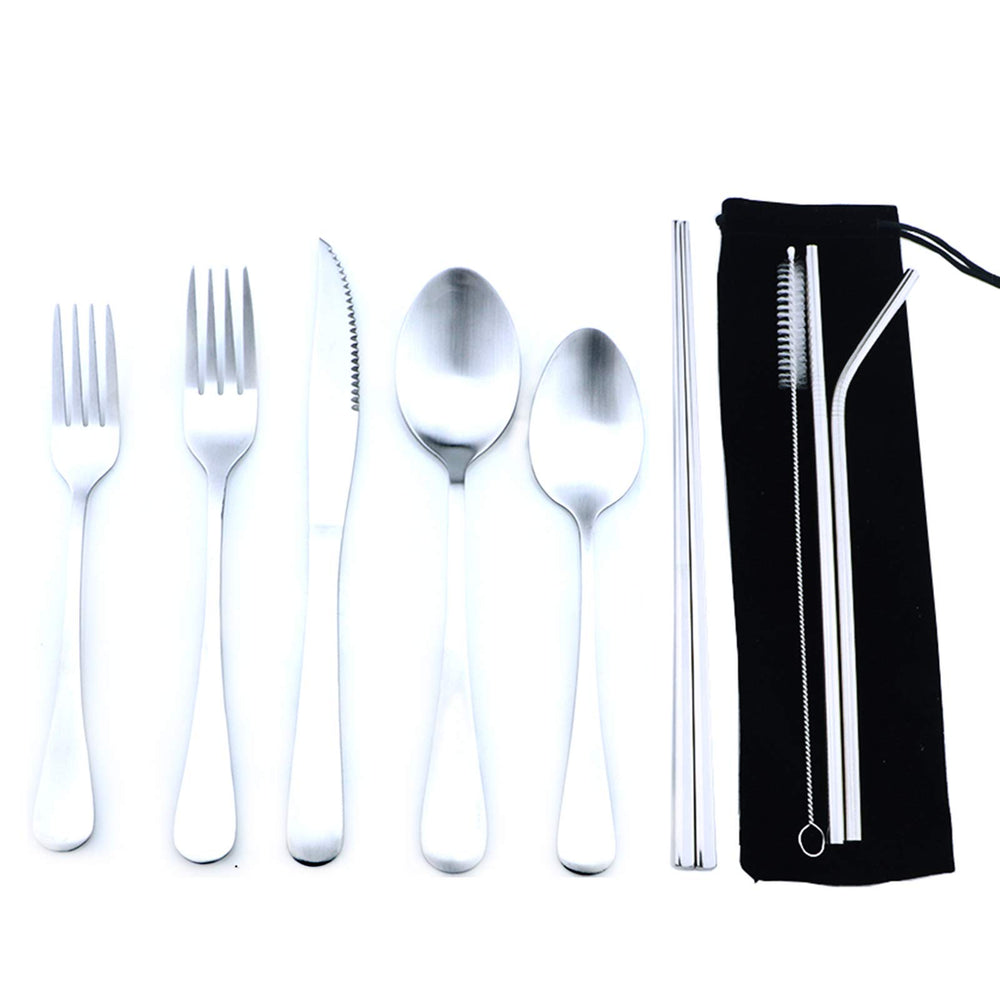Gugrida silverware set with case, camping-ready and neatly stored for on-the-go meals.