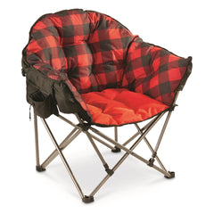 Guide Gear Club camping chair front view in red plaid for cozy campsite seating.