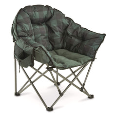 Guide Gear Club Camping Chair in green plaid, oversized comfort by the campfire.