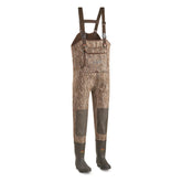 Guide Gear insulated chest waders front view in Mossy Oak Bottomland, helps stay dry in cold water