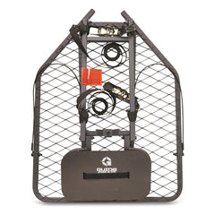 Guide Gear Hang-On Tree Stand seat close-up showing flip-up comfort for long hunts.