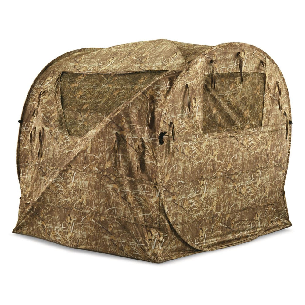 Guide Gear hay bale blind front view for field camouflage and stealthy hunters.