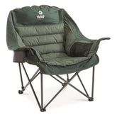Guide Gear oversized camping chair in green folded for easy transport and storage.